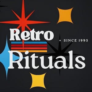 May include: Retro Rituals logo on a black background. The logo features the words "Retro Rituals" in white, with a retro-style design. The design includes starbursts and geometric shapes in orange, blue, and black. The text "SINCE 1995" is also present.