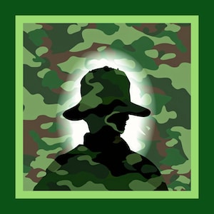 May include: Silhouette of a person wearing a camouflage hat and jacket against a green, brown, and white camouflage background.