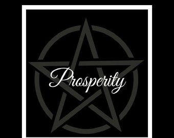 Könnte beinhalten: Ein Schwarzweißbild eines fünfzackigen Sterns in einem Kreis mit dem Wort "Prosperity" in weißer Kursivschrift.