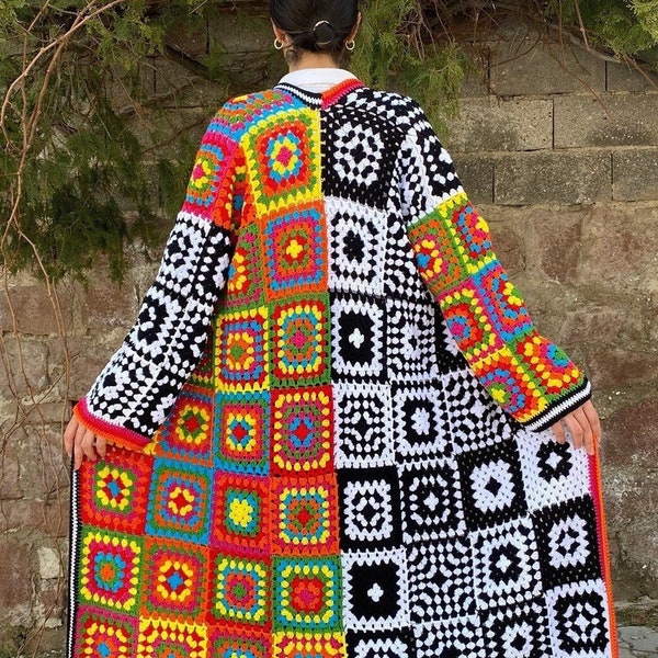 Crochet Granny Square Cardigan, Patchwork Jacket, Boho Coat, Long Granny Square Coat, Multicolor Granny Square Sweater, Afghan Cardigan