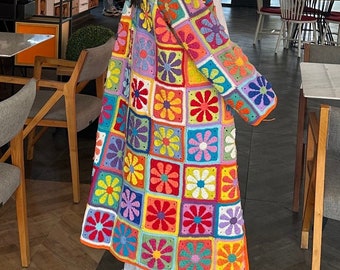 Boho Crochet Granny Square Cardigan – Handmade Cotton Afghan Coat – Colorful Bohemian Knit Jacket
