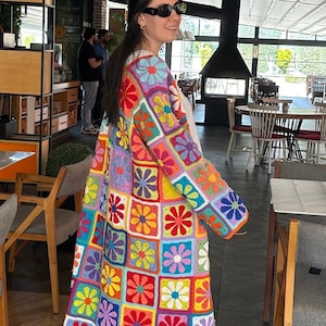 Boho Crochet Coat, Knitted Long Cardigan, Afghan Cardigan, Women&#39;s Clothes, Granny Square Cardigan, Handmade Cardigan, Patchwork Cardigan