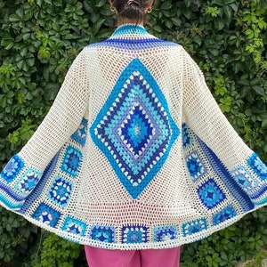 Granny Square Cardigan, Blue&White Crochet Cardigan, Knit Cardigan, Afghan Crochet, Granny Square Vest, Boho Jacket, Granny Square Sweater