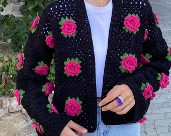 Crocheted Rose Cardigan, Granny Square Sweater, Unique Cardigan, Afghan Cardigan, Granny Square Cardigan, Floral Sweater, Vintage Cardigan