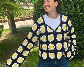 Crocheted daisy button cardigan, Granny Square knit jacket, Bohemian cotton sweater, Floral festival cardigan, Crochet daisy summer cardigan
