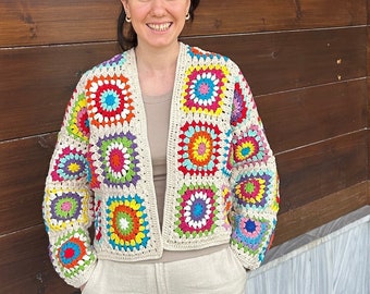 Granny Square Sweater, Afghan Cardigan, Crochet Cardigan, Patchwork Cotton Jacket, Multicolor Coat, Boho Chic Jacket, Hippie Cardigan, Gift