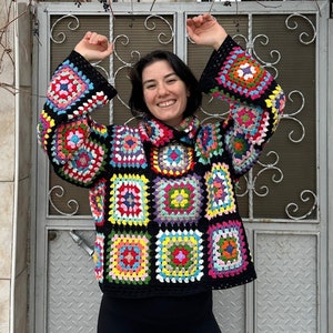 Granny Square Sweater, Oversize Cotton Sweater, Crochet Turtleneck Sweater, Cozy Rainbow Sweater, Unisex Knit Sweater, Patchwork Sweater image 2