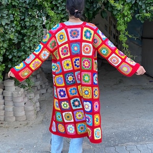 Red Granny Square Cardigan, Afghan Crochet Sweater, Hippie Cardigan, Boho Style Cardigan, Afghan Woman Coat, Patchwork Cardigan, Gift Jacket