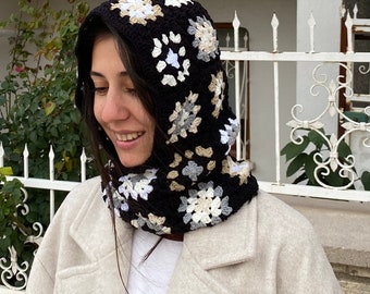 Granny Square Balaclava, Black White Crochet Balaclava, Winter Knit Hoodie, Cotton Patchwork Cap, Stylish Handmade Gift, Crochet Head Warmer