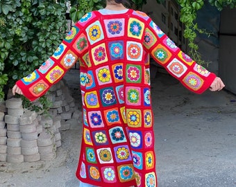 Red Granny Square Cardigan, Afghan Crochet Sweater, Hippie Cardigan, Boho Style Cardigan, Afghan Woman Coat, Patchwork Cardigan, Gift Jacket