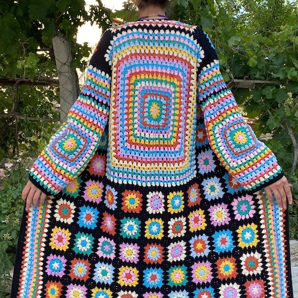 Kwadratowy sweter babci, afgański płaszcz szydełkowy, długi kwadratowy płaszcz babci, kurtka kwadratowa babcia, kurtka Boho, płaszcz hippie