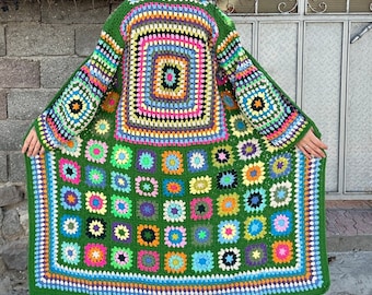 Ready To Ship Granny Square Cardigan, Green Knit Coat, Cotton Crochet Jacket Women, Unisex Long Afghan Sweater Gift