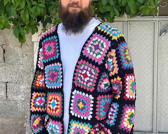Granny Square Knitted Cardigan for Men, Oversized Crochet Jacket, Unisex Hippie Cardigan, Handmade Couple's Cardigan, Vintage Afghan Sweater
