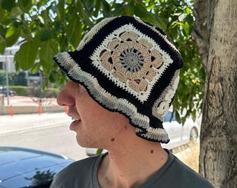 Granny Square Hat, Crochet Flower Hat, Vintage Hat, Cotton Bucket Hat, Crochet Beanie, Unisex Summer Beret, Black White Knit Beanie