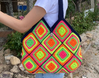 Crochet Bag, Granny Square Bag, Afghan Purse, Cotton Bag, Boho Bag, Summer Bag, Granny Square Purse, Shoulder Purse, Crochet Tote Bag, Gift