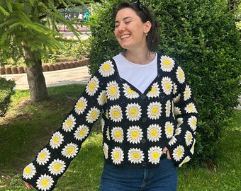 Crochet Sunflower Cardigan, Granny Square Cardigan, Bohemian Jacket, Festival Cardigan, Afghan Floral Jacket, Cotton Festival Sweater