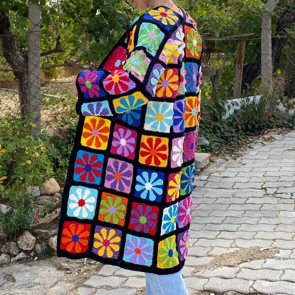 Afghanische Häkeljacke, Granny-Square-Strickjacke, Gehäkelter Mantel, Afghanischer Mantel, Patchwork-Strickjacke, Oma-Quadrat-Pullover