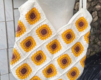 Sunflower Crochet Bag, Granny Square Cotton Bag, Handmade Tote Bag, Summer Beach Bag, Hippie Knitted Bag, Granny Square Shoulder Purse