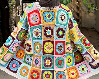 Patchwork Granny Square Crochet Cardigan: Handmade Cotton Kimono Jacket