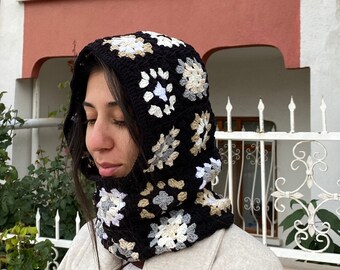 Granny Square Balaclava, Black White Crochet Hat, Winter Knit Hoodie, Cotton Patchwork Cap, Stylish Handmade Gift