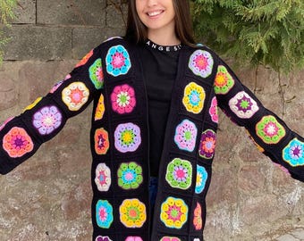 Granny Square Floral Cardigan, Granny Square Knitted Sweater, Boho Crochet Cardigan, Handmade Afghan Black and Rainbow Festival Jacket