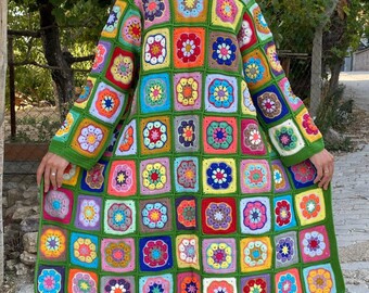 Green Granny Square Patchwork Cardigan, Long Granny Square Cardigan, Afghan Cotton Sweater, Boho Jacket, Unique Design Rainbow Coat