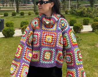 Granny Square Sweater, Oversize Cotton Crochet Pullover, Purple Patchwork Turtleneck Top, Unisex Cozy Knit Boho Gift