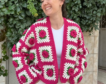 Granny Square Cardigan, Crochet Flowers Sweater, Cotton Pink Jacket, Granny Square Sweater, Cropped Knit Cardigan, Handmade Jacket