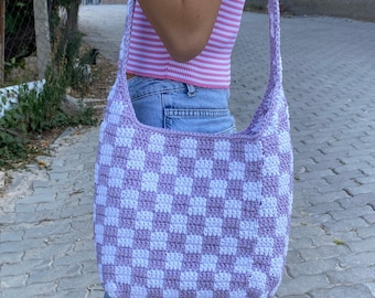 Checkered Lilac Crochet Bag, Handmade Cute bag, Cotton Macrame Crossbody Bag, Knitted Summer Purse, Knitted Gift, Comfortable Weekend Bag