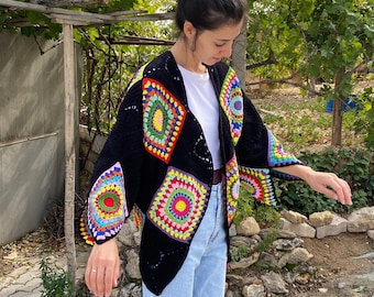 Afghan Cardigan, Granny Square Jacket, Cotton Patchwork Cardigan, Granny Square Cardigan, Boho Cardigan, Patchwork Jacket, Afghan Coat