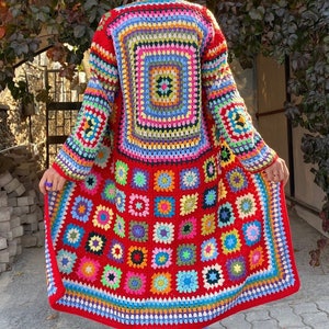 Granny Square Jacket, Red Knit Cardigan, Afghan Crochet, Long Granny Square Coat, Granny Square Coat, Boho Jacket, Granny Square Sweater