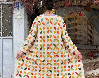 Afghan Crochet Fall Cardigan, Unique Granny Square Coat, Patchwork Boho Jacket, Granny Square Handmade Sweater, Cotton Leaf Pattern Jacket