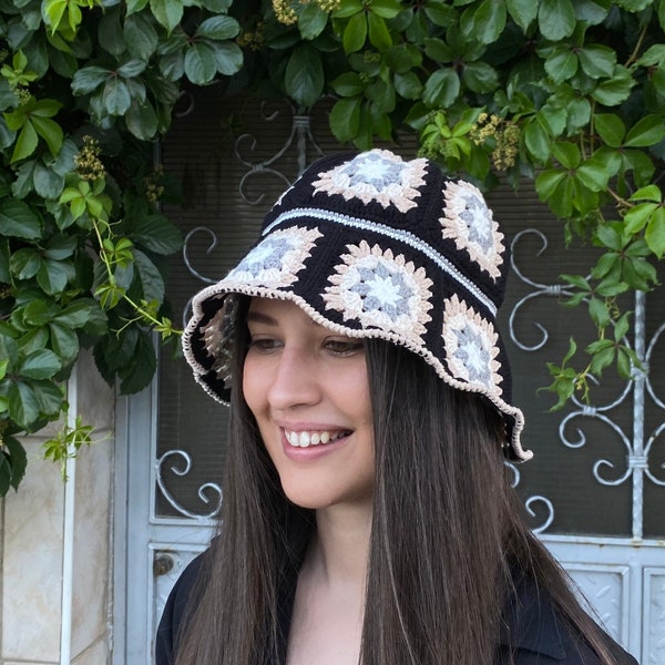 Chapeau carré de grand-mère, Chapeau de seau noir, chapeau de base au Crochet, chapeau de coton, chapeau de seau, chapeau blanc