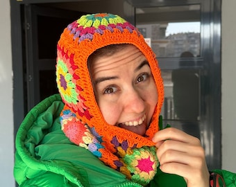 Granny Chic Crochet Balaclava - Handmade Winter Hat with Afghan Blanket Design