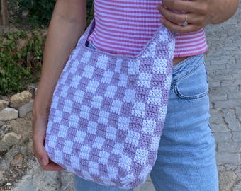 Checkered Lilac Crochet Bag, Handmade Cute bag, Cotton Macrame Crossbody Bag, Knitted Summer Purse, Knitted Gift, Comfortable Weekend Bag