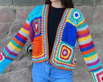 Granny Square Cardigan, Bohemian Cardigan, Crochet Cardigan, Granny Square Jacket, Afghan Coat, Granny Square Vest, Granny Square Sweater