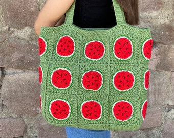 Knit Watermelon Bag, Granny Square Shoulder Tote, Fruit Themed Crochet Beach Bag, Flamboyant Unique Summer Style, Vintage Delightful Stylish