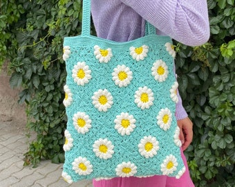 Daisy Crochet Bag, Granny Square Bag, Crochet Tote Bag, Boho Purse, Flower Cotton Bag, Granny Square Shoulder Bag, Crochet Purse, Summer Bag