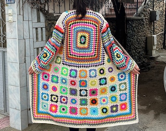 Afghan Crochet Coat, Granny Square Cardigan, Patchwork  Sweater, Granny Square Sweater, Cotton Long Coat, Unisex Cardigan, Hippie Sweater