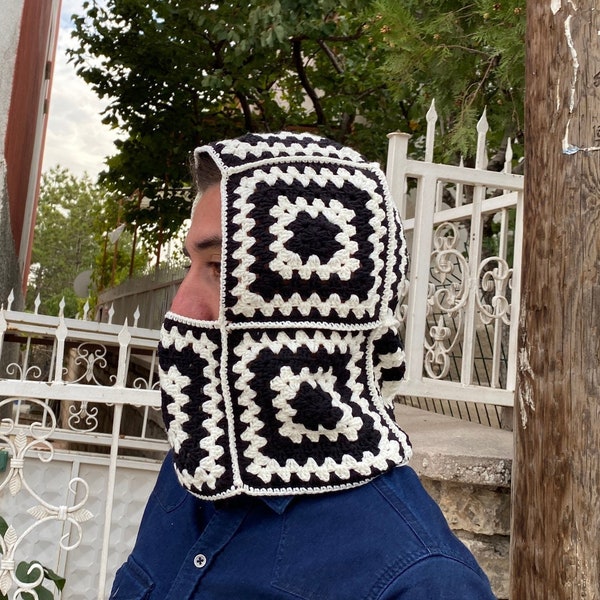 Crochet Balaclava, Granny Square Balaclava, Handmade Black and White Balaclava, Crochet Winter Hat, Unisex Balaclava, Crochet Hoodie, Gift