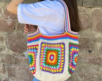 Afghan Crochet Bag, Granny Square Bag, Crochet Tote Bag, Summer Bag, Colorful Purse, Hippie Bag, Granny Square Shoulder Purse, Crochet Bag