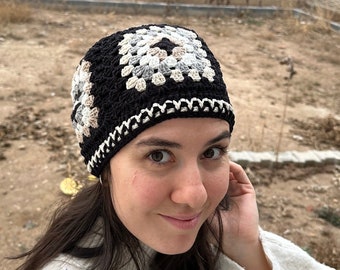 Crochet Beanie, Black and White Hat, Granny Square Hat, Unique 4 Season Hat, Handmade Stylish Hat, Knitted Unisex Hat, Hat Gift for Lover