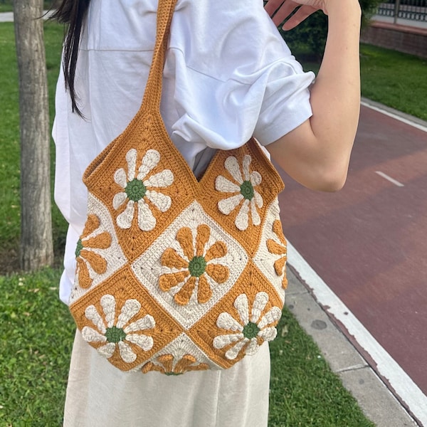 Afghan Flower Shoulder Bag, Granny Square Purse, Summer Bag, Cotton Market Bag, Patchwork Knit Bag, Bohemian Bag, Daily Bag for Mothers