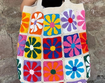 Crochet Granny Square Afghan Bag, Boho Hippie Style Cotton Purse, Flowers Handmade Bag