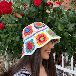 Granny Square Hat, Colorful Bucket Hat, Crochet Hat, Festival Hat, Bucket Hat, Crochet Sun Hat, Summer Sun Hat, Rainbow Crochet Hat, Gift image 1