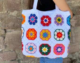 Afghan Crochet Bag, Granny Square Bag, Daisy Crochet Bag, Cotton White Bag, Floral Afghan Bag, Boho Bag, Granny Square Shoulder Bag, Gift