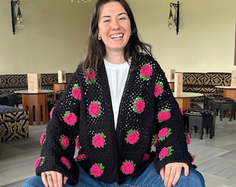 Crochet Rose Cardigan, Floral Sweater, Handmade Boho Jacket, Spring Fashion, Women's Clothing