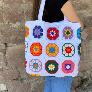 Afghan Crochet Bag, Granny Square Bag, Daisy Crochet Bag, Cotton White Bag, Floral Afghan Bag, Boho Bag, Granny Square Shoulder Bag, Gift