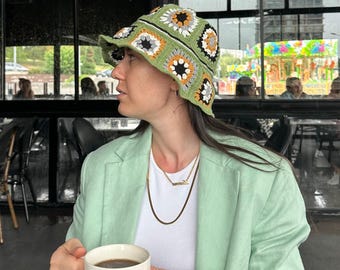 Green Granny Square Hat, Cotton Bucket Hat, Luxury Knit Hat, Stylish Crochet Hat, Festival Hat, Natural Colored Hat