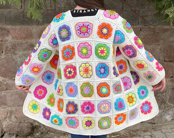 Granny Square Coat, Crochet Afghan Jacket, Granny Square Cardigan, Afghan Coat, Boho Cardigan, Rainbow Jacket, Patchwork Cardigan,